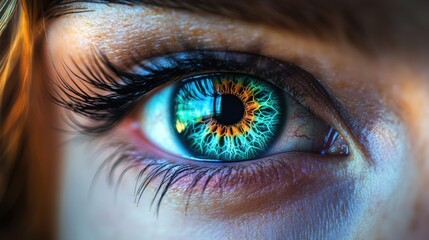 Fototapeta premium Vivid close-up of a human eye revealing intricate patterns and vibrant colors during daylight