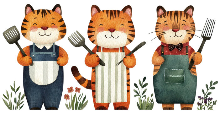 Three cheerful cartoon cats, dressed for cooking, holding spatulas amidst colorful garden greenery.