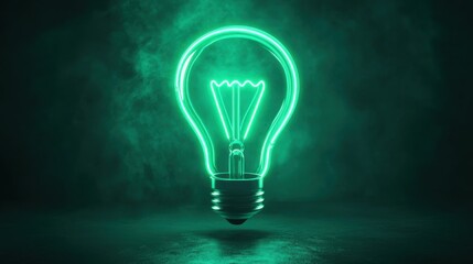 Glowing green neon light bulb sign