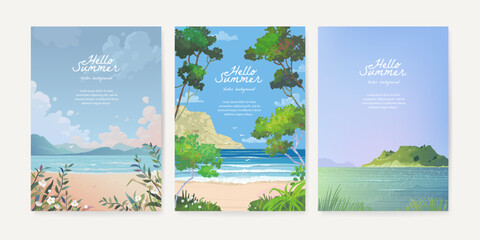 Set of beautiful summer beach sea resort background design template for poster, flyer, web banner, cover, booklets and greeting card. Tropical landscape. Vector illustration © AM_art