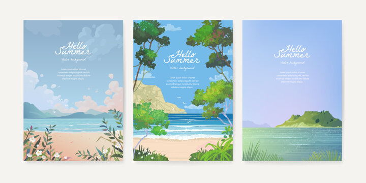 Set of beautiful summer beach sea resort background design template for poster, flyer, web banner, cover, booklets and greeting card. Tropical landscape. Vector illustration