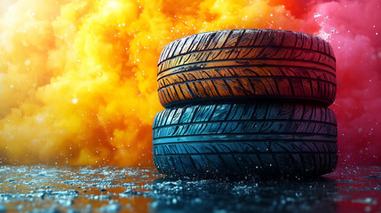 Two tires stand out against a vibrant, colorful background, evoking a sense of motion and excitement in a dynamic automotive setting.