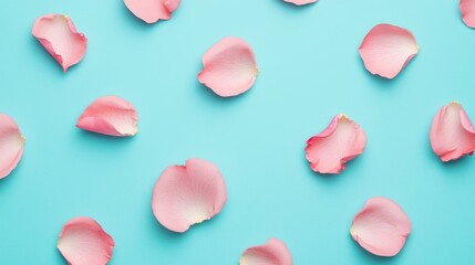 Fototapeta premium Pink rose petals scattered on a light blue background create a soft, serene aesthetic, perfect for floral designs or romantic themes.