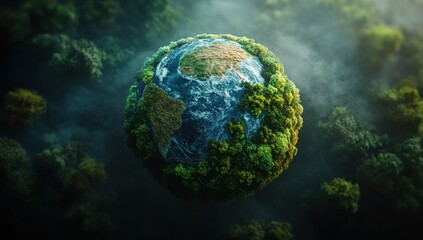 Aerial View of a Lush Green Planet Surrounded by Vibrant Forests and Clear Blue Oceans, Symbolizing Environmental Conservation and Planetary Health