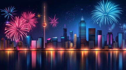 Festive City Skyline with Fireworks Display - A vibrant city skyline illuminated by colorful fireworks, showcasing urban nightlife and celebration in a lively atmosphere.