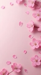 Fototapeta premium Delicate Pink Blossom Border: A serene composition with soft pink blossom petals cascading down the side of a pink backdrop.