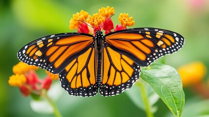 Naklejka premium Monarch butterfly perched on vibrant flower.