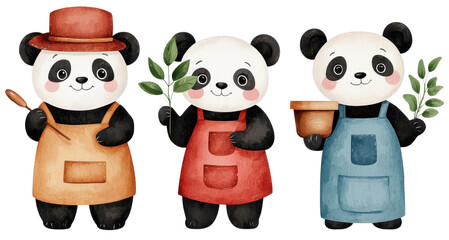 Fototapeta premium Three cute pandas in colorful aprons holding plants, white isolate background.