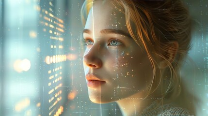 A woman analyzing data on a transparent screen in a high-tech office. The scene is focused and innovative, highlighting data analysis and technology.