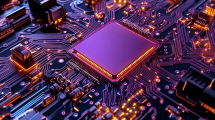 Obraz premium Futuristic Circuit Board with Glowing Microchip - A striking close-up of a vibrant circuit board featuring a glowing microchip that highlights technological advancement and innovation.
