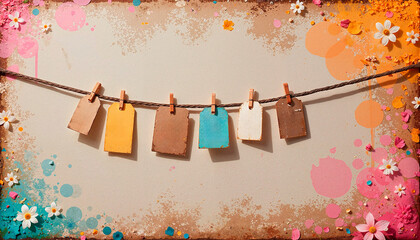 Colorful love notes on string with floral details
A whimsical arrangement of colorful notes hanging on a string, surrounded by floral splashes and vintage textures.