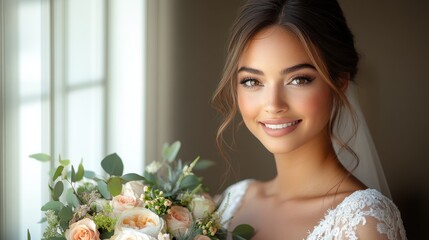 Naklejka premium Beautiful bride smiling with bouquet indoors, capturing the elegance of wedding preparations and joyful moments before the ceremony