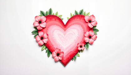 Floral heart with pink blossoms on white background
A heart made of vibrant pink flowers and leaves, symbolizing love and nature, on a white background.