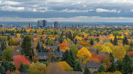 Autumnal cityscape panorama with vibrant fall foliage covering residential neighborhoods and a modern skyline.