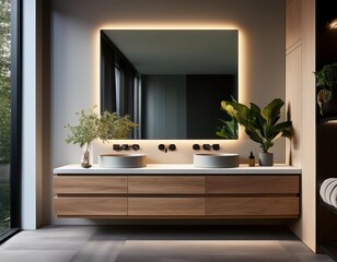 large mirror with led backlighting floating vanity sleek and contemporary