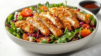 A bowl of crispy chicken salad with fresh greens and cherry tomatoes.