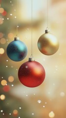 Obraz premium Sparkling Christmas Ornaments: A trio of vibrant Christmas baubles in red, blue, and gold dangle against a backdrop of twinkling lights, exuding a warm and festive ambiance. 
