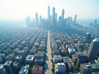 Obraz premium Modern metropolis with skyscrapers rising above the horizon on a foggy day
