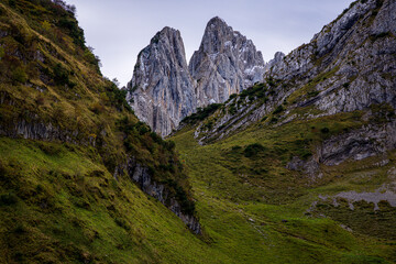 landscape in the mountains in the alps of switzerland with sacker lücke in appenzell