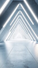Obraz premium Futuristic Triangle Corridor: A mesmerizing perspective down a long corridor composed of repeating triangular structures, illuminated by bright, sleek lines of light.