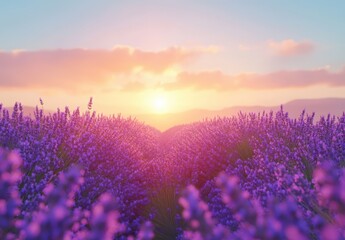 Naklejka premium Breathtaking Lavender Field at Sunrise, Bathed in Soft Pastel Colors with a Glorious Horizon, Inviting Serenity and Tranquility for Nature Enthusiasts and Photographers