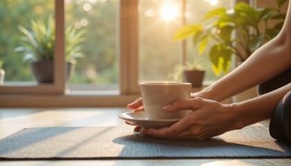 Mindful Tea Moment with Sunlit Window and Yoga Mat in Peaceful Home Setting