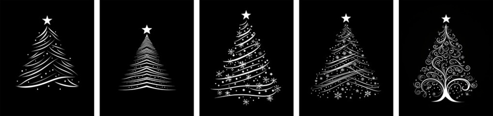 Set of White Christmas Trees on a Black Background