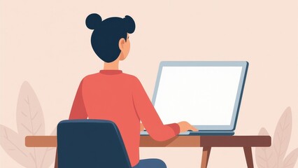Minimalist illustration of a person working on a laptop at a desk with a soft pastel background and ample copyspace