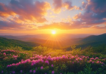 Fototapeta premium Breathtaking Sunrise Over a Rolling Landscape Blanketed with Vibrant Pink Blooms and Glowing Skies, Capturing Nature's Beauty at Dawn