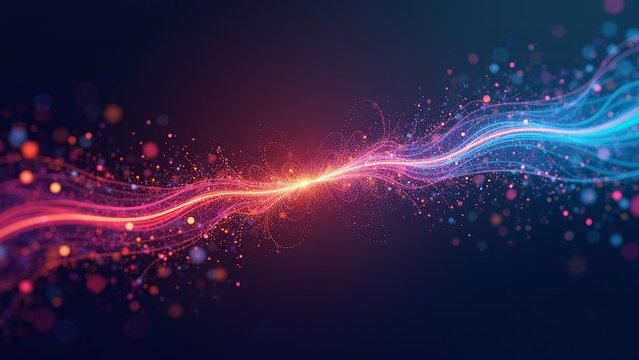 Colorful abstract visualization featuring a horizontal line and bursting pixels creating dynamic light waves