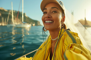 A joyful woman on a boat wearing a yellow jacket and white cap. Nautical-themed fashion with a carefree summer vibe.