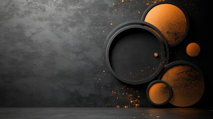 A modern art piece featuring black and vibrant orange circles against a textured gray background,...