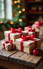 Wrapped gifts with red ribbons adorn a rustic wooden table amidst a festive holiday setting and abundant seasonal decorations._00001_
