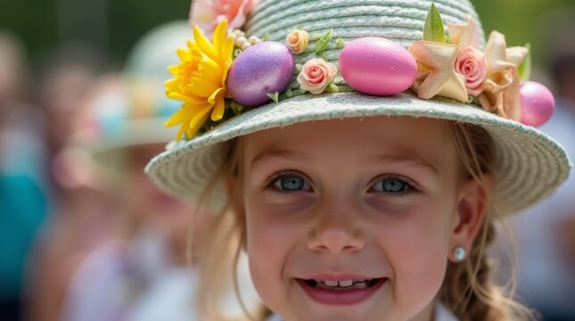 A close-up of a beautifully decorated Easter bonnet adorned with flowers and ribbons, capturing the intricate details and creativity of the parade participants