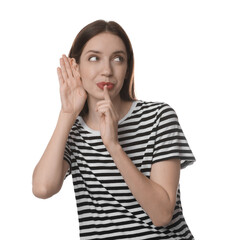 Woman showing hand to ear gesture on white background