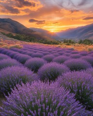 Breathtaking Sunset Over Vibrant Lavender Fields with Majestic Mountains in the Background Creating a Serene Landscape at Dusk