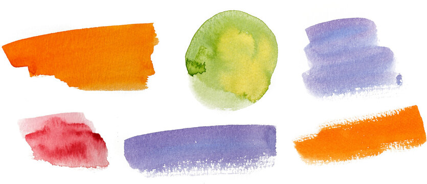 Colorful watercolor spot on isolated white background. Set of blue, yellow, green, and orange blots. Colored aquarelle simple. Hand drawn watercolor splotch