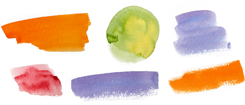 Colorful watercolor spot on isolated white background. Set of blue, yellow, green, and orange blots. Colored aquarelle simple. Hand drawn watercolor splotch