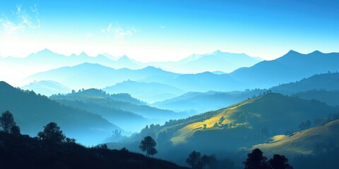 Misty hills and majestic mountain landscape
