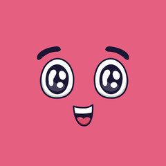 Cartoon face expressing surprise and happiness with wide open eyes, raised eyebrows, and a cheerful smile against a vibrant pink background, radiating joy and wonder