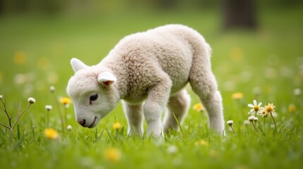 A fluffy lamb grazing in a lush green meadow, surrounded by wildflowers, embodying the essence of spring and innocence in a pastoral setting