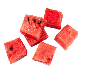 Cubes of watermelon on white background. Pieces of watermelon isolated.