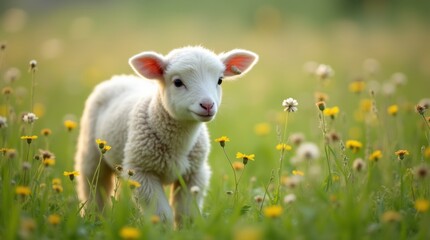 Obraz premium A fluffy lamb grazing in a lush green meadow, surrounded by wildflowers, embodying the essence of spring and innocence in a pastoral setting
