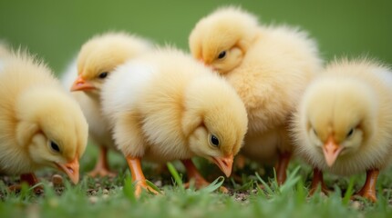 Fototapeta premium A group of fluffy baby chicks pecking at the ground, surrounded by soft green grass, capturing the essence of springtime and new life