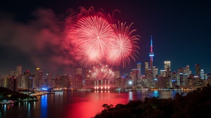 A spectacular display of Canada Day fireworks lighting up the night sky over a vibrant city skyline, creating a festive atmosphere filled with excitement and celebration