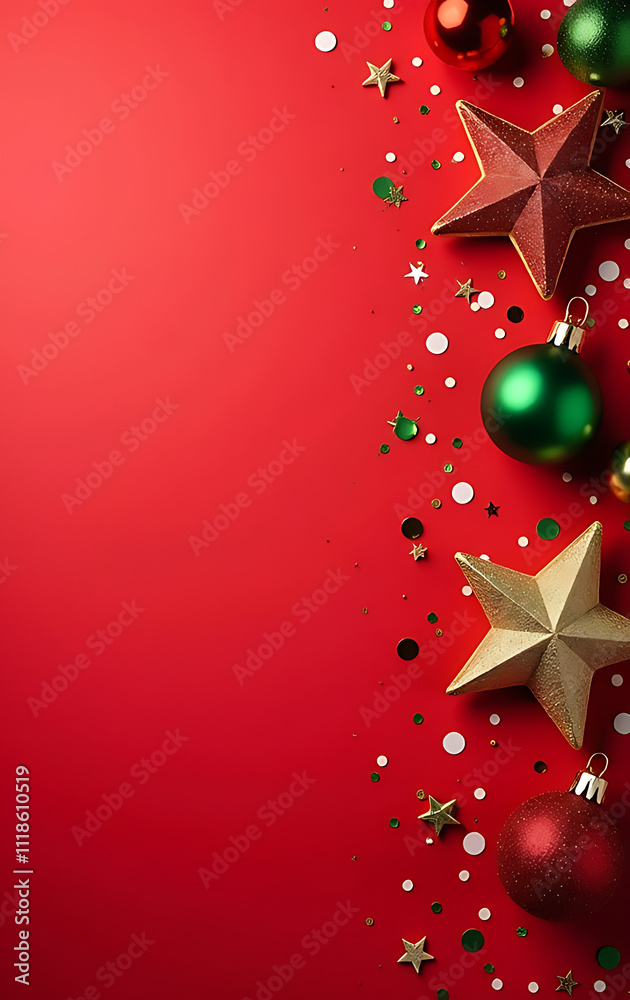 Poster vertical top view photo of star ornaments confetti and red green and gold baubles on a plain red bac