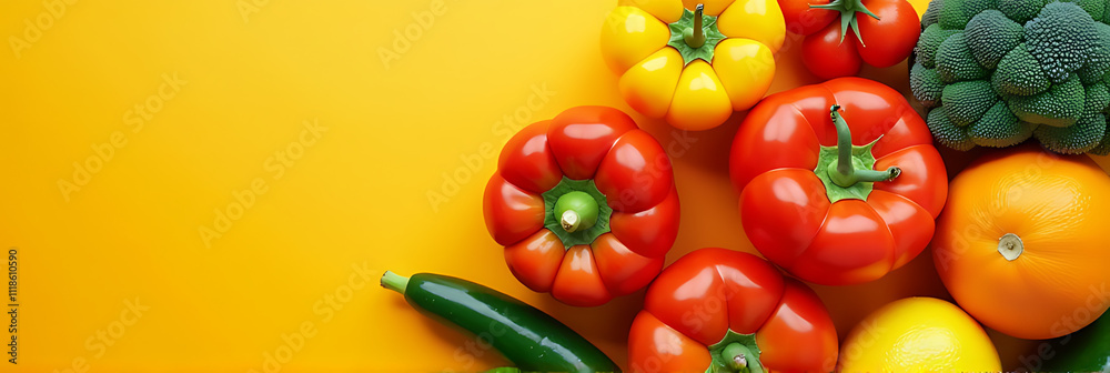 Poster vertical top view photo of raw vegetables and fruits on an isolated orange background with plenty of