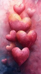 Obraz premium Heartfelt Cluster: A cluster of romantic, textured hearts in varying shades of pink and rose gold, artfully arranged against a dreamy, watercolor-like backdrop. The image evokes feelings of love.