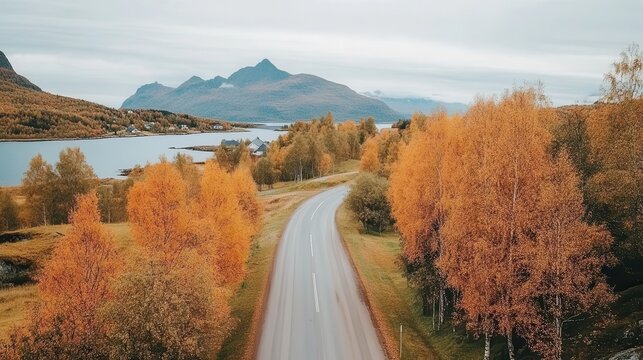 Autumnal scenic road winding through colorful fall foliage, alongside a serene lake, towards a mountain range.