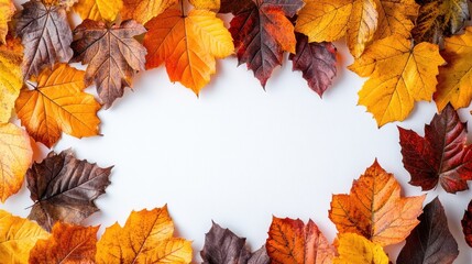 Colorful autumn leaves arranged in a decorative frame on a white background ideal for seasonal crafts and decor projects